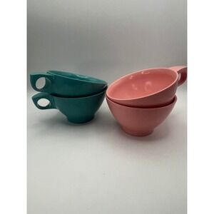 BoontonWare Melamine Tea Cups Lot of 4 Pink Turquoise Teal USA Vtg MCM Kitsch